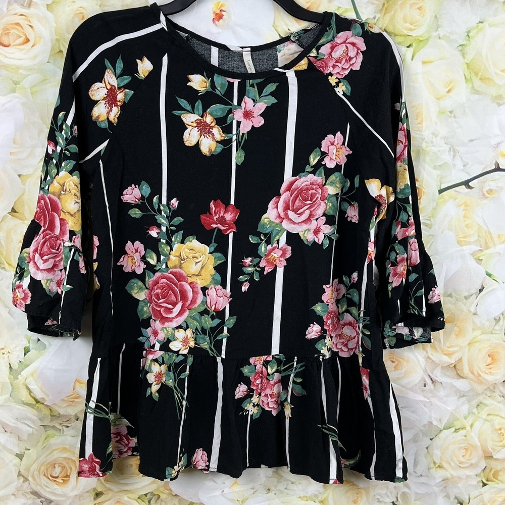 Lime N Chili Baby Doll Top Shirt Women's Sz SMALL Ruffle Floral Tunic 3/4 Sleeve